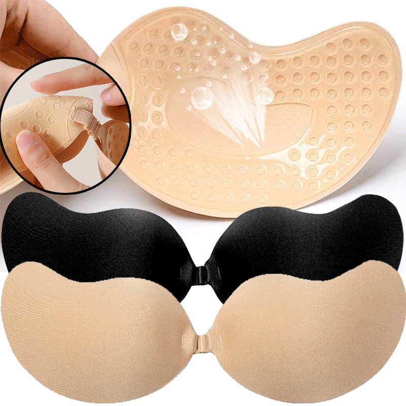 Push Up Bra Silicone - แผ่นปิดจุกนมแบบใช้ซ้ำได้ ขนาด A-D คัพ บราซิลิโคนเสริมฟองน้ำแบบไร้สาย ติดได้เอง